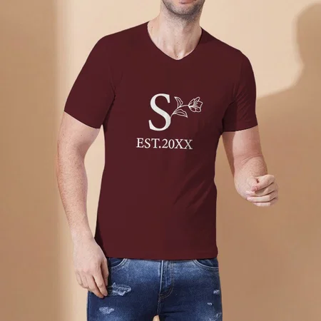Name with Flower V Neck Customized Printed Men's Half Sleeves Cotton T-Shirt