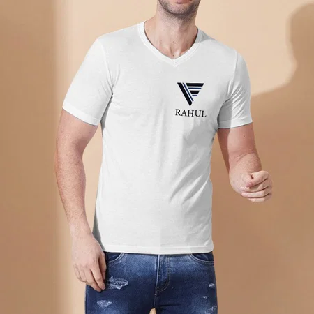 Logo Name V Neck Customized Printed Men's Half Sleeves Cotton T-Shirt