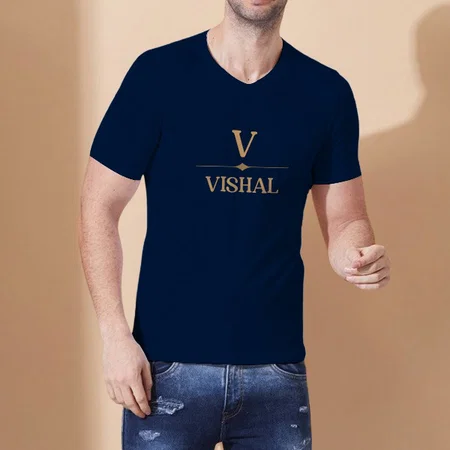 Royal Name Initials V Neck Customized Printed Men's Half Sleeves Cotton T-Shirt