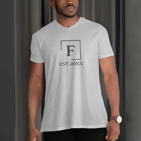 Stylish Name Initials V Neck Customized Printed Men's Half Sleeves Cotton T-Shirt