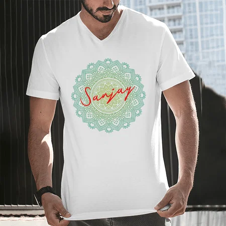 Circle Art V Neck Customized Printed Men's Half Sleeves Cotton T-Shirt