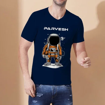 Cool Astronaut V Neck Customized Printed Men's Half Sleeves Cotton T-Shirt