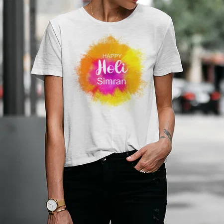 Pink & Yellow Holi Customized Printed Unisex Half Sleeves T-Shirt for Men & Women