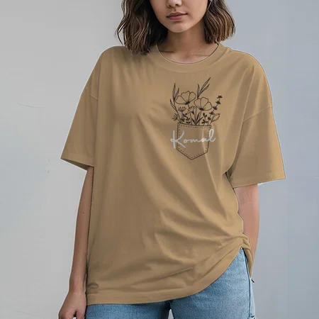 Pocket with Flowers Oversized Hip Hop Customized Printed Women's Half Sleeves Cotton T-Shirt