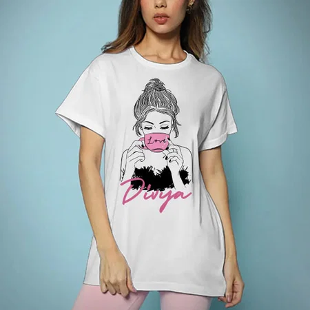 Morning Coffee Oversized Hip Hop Customized Printed Women's Half Sleeves Cotton T-Shirt