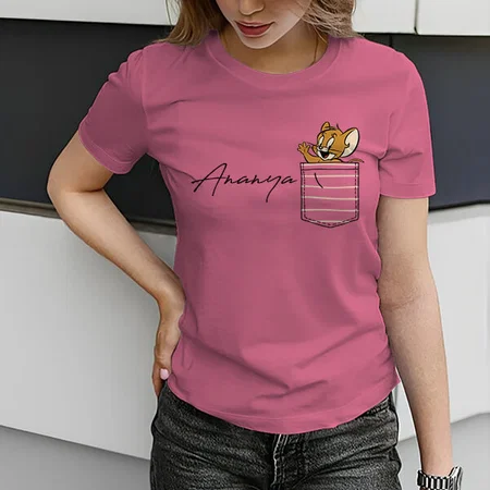 Pocket Design Customized Printed Women's Half Sleeves Cotton T-Shirt