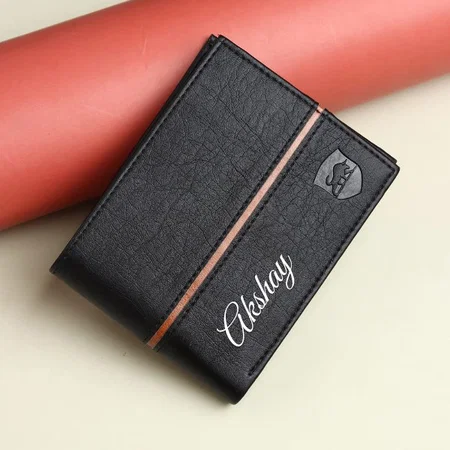 Black Customized Line Embellished Pu Leather Wallet for Men I 3 Card Slots I 2 Currency &amp; Secret Compartments I 1 Coin Pocket