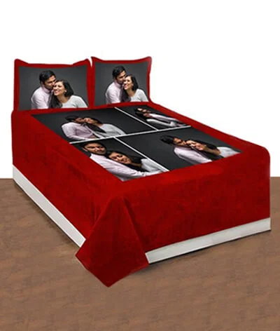 Maroon Customized Photo Printed Double Bed Cover with 2 Pillow Covers