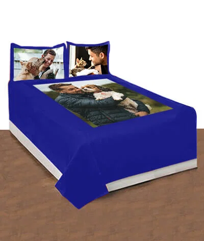 Customized Photo Printed Double Bed Cover with 2 Pillow Covers - Blue