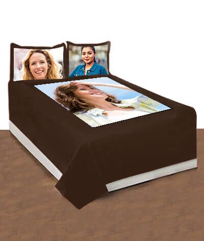 Customized Photo Printed Double Bed Cover with 2 Pillow Covers - Coffee Brown