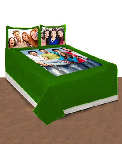 Green Customized Photo Printed Double Bed Cover with 2 Pillow Covers