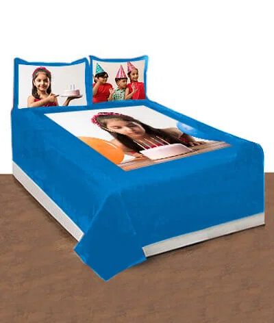 Light Blue Customized Photo Printed Double Bed Cover with 2 Pillow Covers