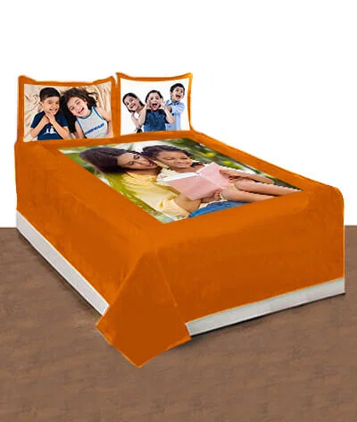 Orange Customized Photo Printed Double Bed Cover with 2 Pillow Covers