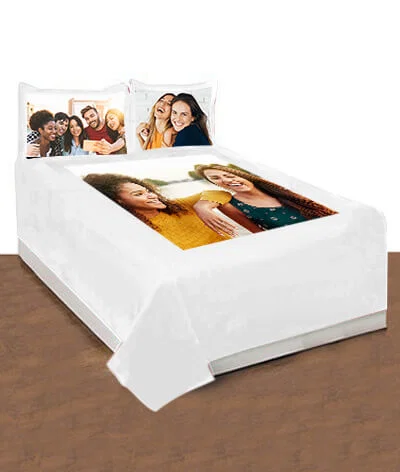 Customized Photo Printed Double Bed Cover with 2 Pillow Covers - White