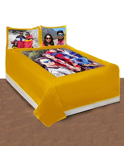 Yellow Customized Photo Printed Double Bed Cover with 2 Pillow Covers