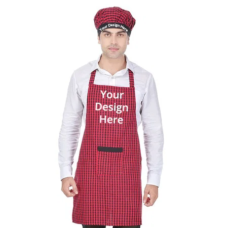 Red Check Customized Unisex Chef's Apron With Cap
