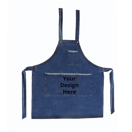 Blue Customized Denim Unisex Apron with Adjustable Neck and 3 Front Pockets