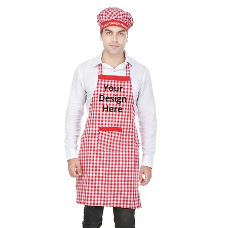 Red White Customized Chef's Apron With Cap For Home, Hotel And Restaurant