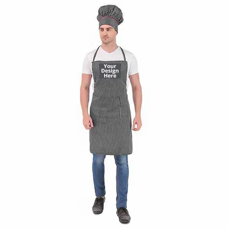 Grey and Black Stripes Customized Cooking Apron with Chef Cap