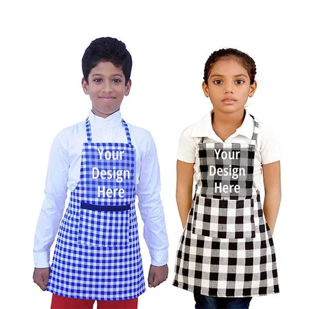 Multi-Color Customized Waterproof Kids Checkered Apron For Multi Purpose Cooking, Painting With Front Pocket (Pack Of 2)