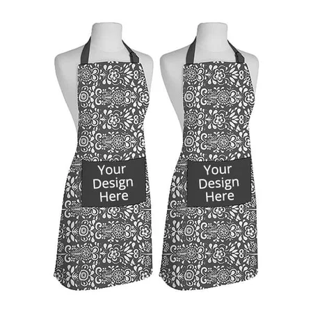 Grey Customized Cotton Printed Aprons with 1 Center Pocket, Adjustable Buckle on Top and 2 Long Ties on Both 2 Sides (Pack of 2)