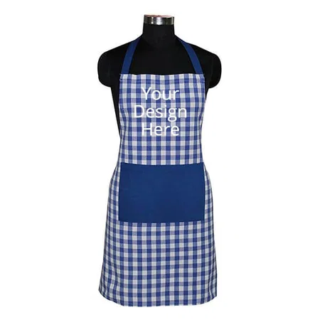 Blue Check Customized 100% Cotton Designer Yarn-Dyed Apron, 1 Center Pocket, Adjustable Buckle on Top and 2 Long Ties on Both Sides (Size - 65cm Width 80cm Length)