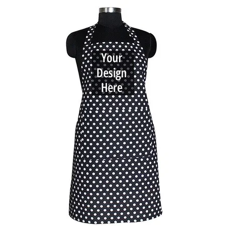 Black Polka Dots Customized Apron with 1 Center Pocket, Adjustable Buckle on Top and 2 Long Ties on Both 2 Sides