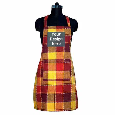 Multi Color Checked Customized Apron with Front Center Pocket with 2 Long Ties