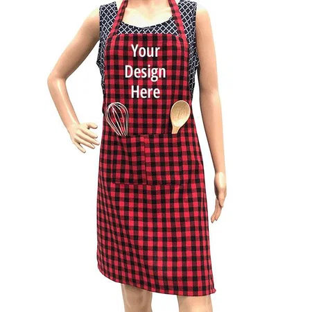 Red Checkered Customized Cotton Apron 100% Cotton Kitchen Apron with Front Center Pocket, Best Design Apron