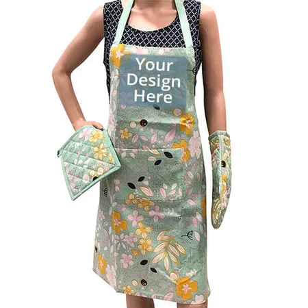 Green Flower Customized Apron With Oven Mitten and Pot Holder