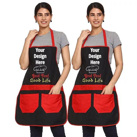 Black Red Customized Polyester Fabric Dual Pocket Embroidered Waterproof Apron for Kitchen (Set of 2 Aprons)