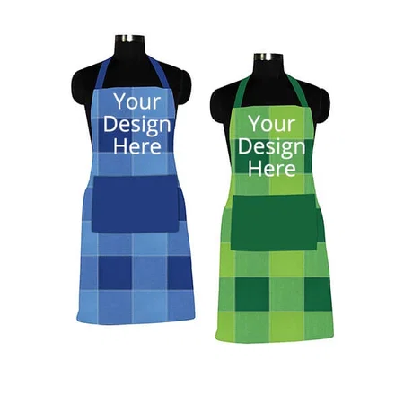 Blue Green Customized 100% Cotton Checkered Pattern Free Sized Apron (Pack of 2)