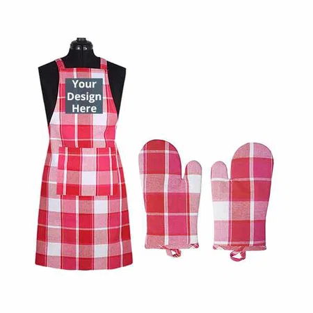 Red Check Customized Apron and Oven Glove, Apron 60x85 cm, Oven Glove 18x32 cm
