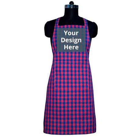Pink and Blue Check Customized Apron with Front Center Pocket with 2 Long Ties on Both Sides