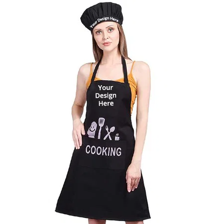 Black Customized Polyester Printed Free Size Cooking Kitchen waterproof Apron With Cap