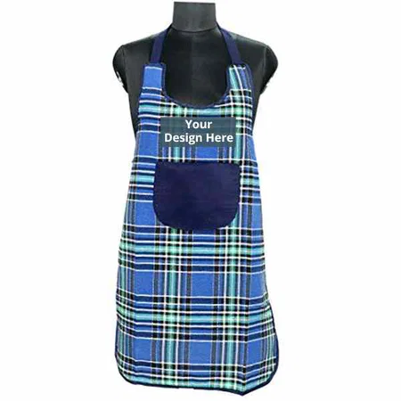 Blue Customized Checkered Design Waterproof Apron with Multipurpose Front Pocket