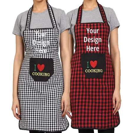 Black Red Customized Cotton Checkered Design Waterproof Apron with Pocket (Pack of 2)