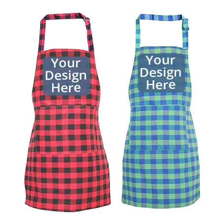 Check Designed Customized Unisex Apron with 2 Front Pockets and Adjustable Neck Strap (Pack Of 2)