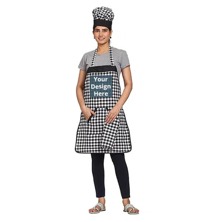 Black Customized Check Design Waterproof Apron with Chef Cap