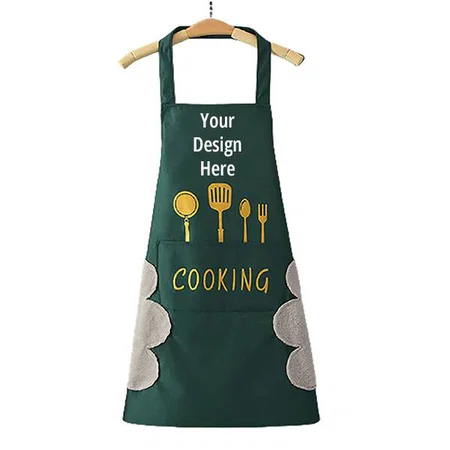 Dark Green Customized Waterproof Kitchen Apron, for Women and Men with Big Pocket and Creative Hand Wipping