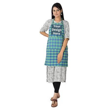 Green Customized Waterproof Unisex Kitchen Checkered Design Apron with 2 Front Pockets, Adjustable Strap