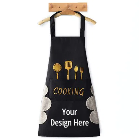 Black Customized  Kitchen Apron with Front Pocket and Side Coral Velvet for Wiping Hands, Towel PVC Waterproof Unique Design