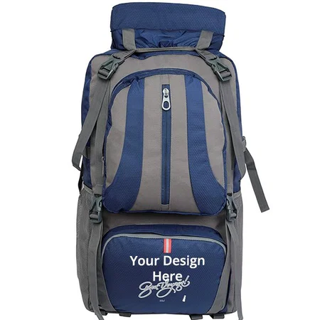 Blue And Grey Customized Polyester Rucksack Backpack Bags With Laptop Compartment Water Resistant Women & Men Fits For College, Travelling, Hiking (50 Liter)