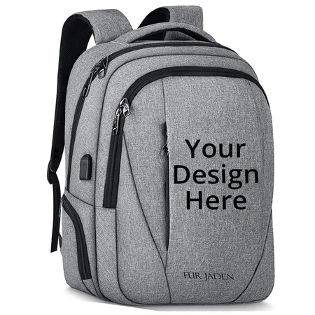 Grey Customized Travel Laptop Backpack, Business Backpacks with USB Charging Port, Water Resistant, (Fits 15.6 inch Laptop)