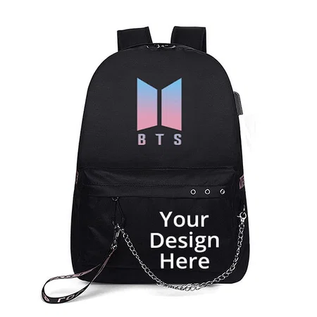 Black Customized BTS Travel Backpack with USB Charging Port