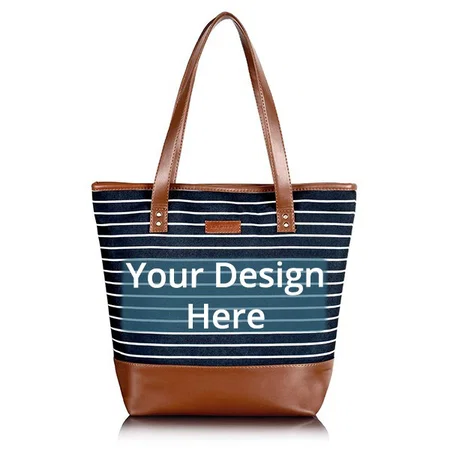 Blue Customized Women's Canvas Black Stripes Tote Bag