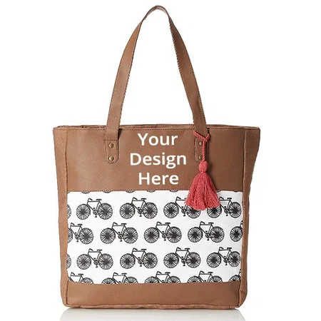 Brown Customized Katha Print Women's PU Leather and Canvas Hand Bag