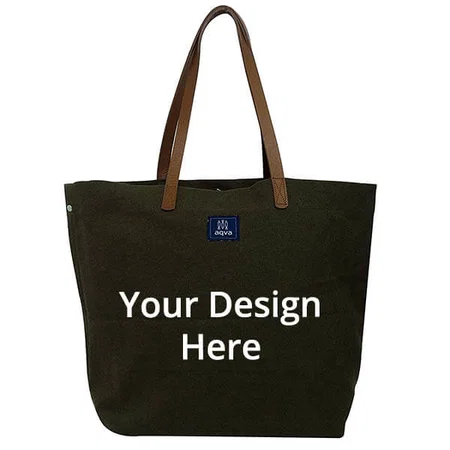Green Customized Women's Solid Cotton Canvas Tote Shoulder Hand Bag with Magnetic Button Top (17.5" x 13")