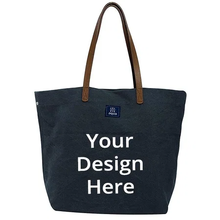Black Customized Solid Canvas Tote Shoulder Hand Bag with Magnetic Button Top