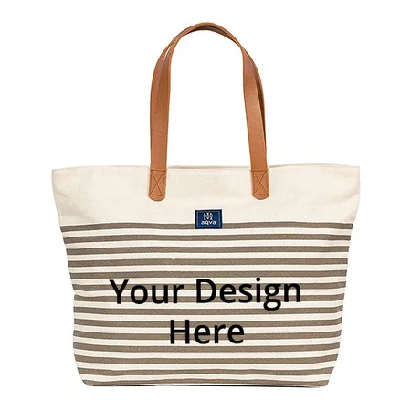 Beige Customized Solid Canvas Shoulder Tote Bag